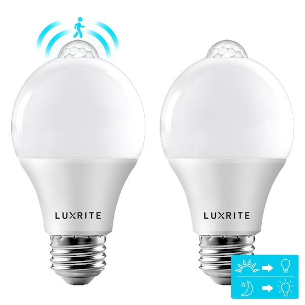 Luxrite A19 LED Light Bulbs Dusk to Dawn Motion Sensor 9W=60W 800LM 5000K Bright White E26 Base 2-Pack LR21483-2PK - main